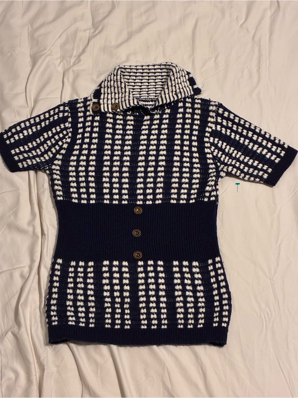 Navy and White Patterned Short-Sleeve Sweater